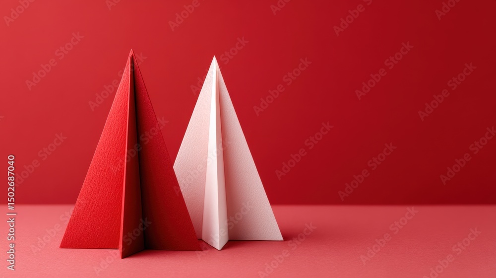 Poster two white paper trees on a red surface with a solid red background, minimalist and modern compositio