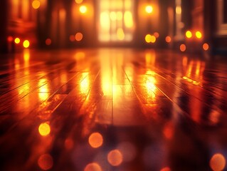 Reflections of warm ambient light on polished wooden floor, a cozy ambiance
