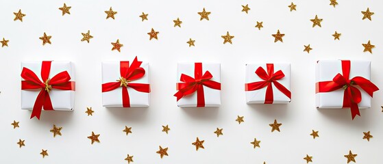 Five white gift boxes with red ribbon bows arranged in a row on a white surface with gold stars scattered around