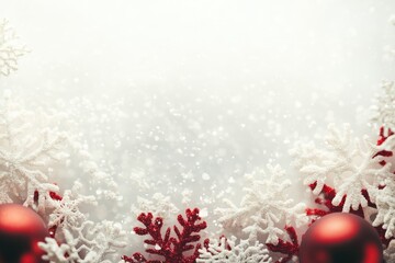 Red Christmas ornaments and white snowflakes on a white background with a snowy effect