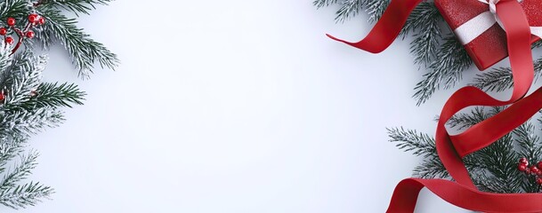 A white background with a fir branch with red berries on the left and a red ribbon wrapping a gift box on the right