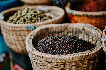Freshly harvested whole cardamom pods and peppercorns in woven baskets at a vibrant spice stall