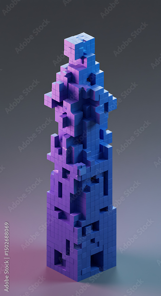Poster abstract 3d render of a complex cube structure purple and blue gradient geometric design