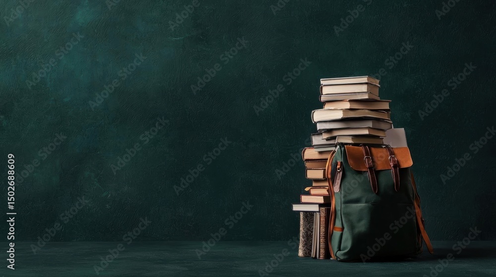 Poster stack of books and a backpack on a dark green background. the books are of different sizes and color