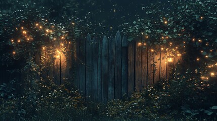 Enchanted Gateway: Wooden fence illuminated by whimsical fairy lights amidst lush greenery