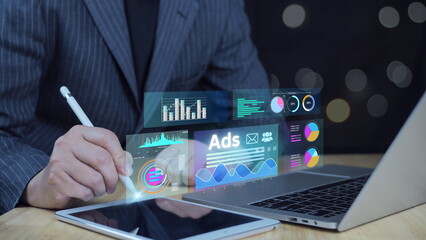  Digital marketing concept.Ads dashboard screen digital.Digital marketing concept.Online advertising ,digital marketing and ad on internet to targeted customers.