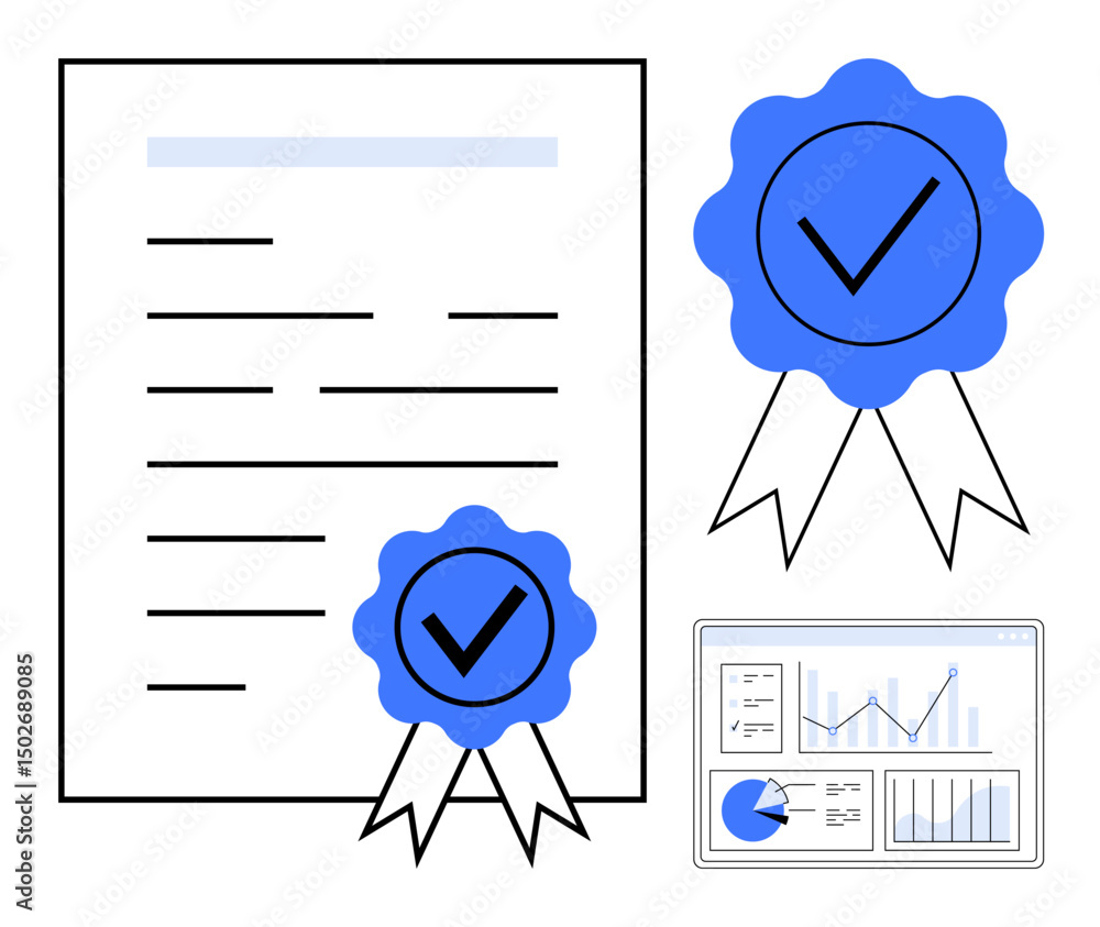 Poster official document and badges symbolizing achievement, alongside analytics dashboard for performance 