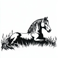 Obraz premium Resting Horse in Field Illustration Black and White Simple Drawing