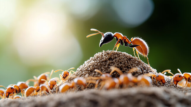 Realistic image of a queen ant surrounded by worker ants in the depths of an anthill showcasing colony hierarchy.