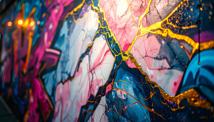 Obraz premium A vibrant graffiti mural featuring abstract designs and bold colors.