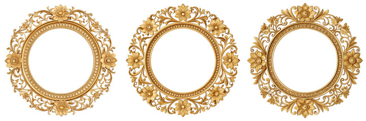 Three ornate golden floral frames isolated on transparent background