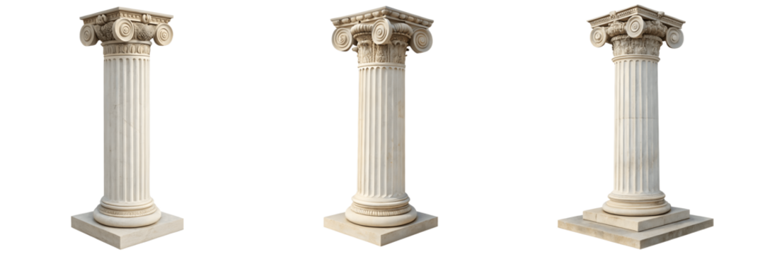 Three corinthian columns isolated on transparent background, architectural design