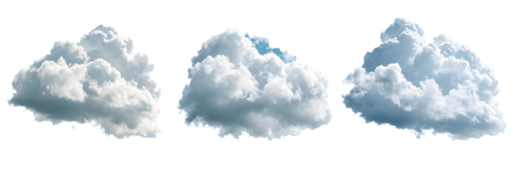 Three fluffy white clouds isolated on transparent background, against black backdrop