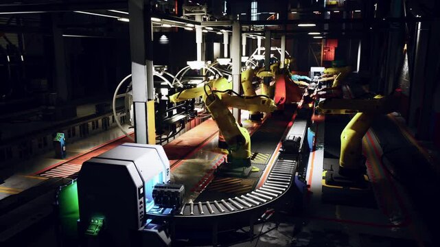 An automated conveyor belt operates in a factory, featuring robotic arms engaged in manufacturing processes under artificial lighting at night, showcasing advanced industrial technology.