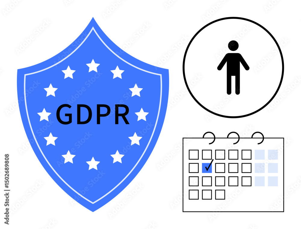 Poster blue shield with gdpr text and stars, circular user icon, calendar with checkbox. ideal for privacy,