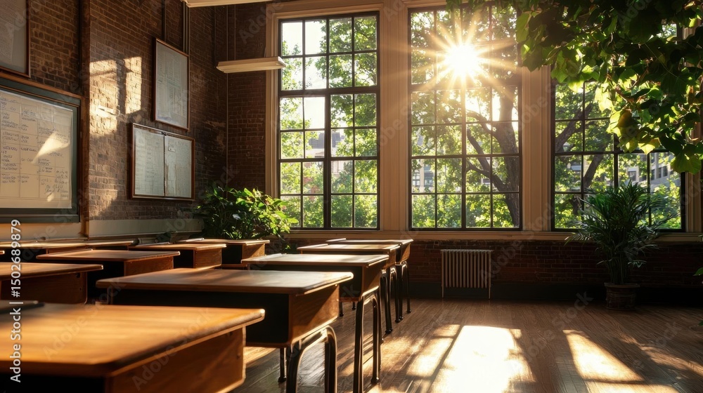 Poster empty classroom with large windows that offer a view of the trees outside. the room is filled with w