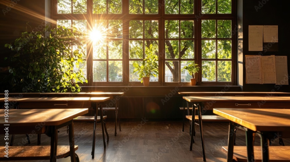Poster empty classroom with wooden desks and chairs arranged in neat rows. the room has a large window with