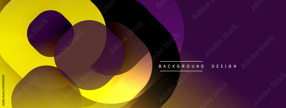 Poster abstract geometric shapes overlap, creating vibrant yellow, purple gradients. modern design element 
