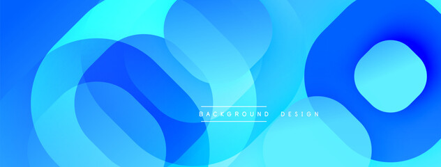 Abstract blue shapes overlap, creating dynamic fluid design. Gradient shades offer depth, modern aesthetic. Minimal text present.