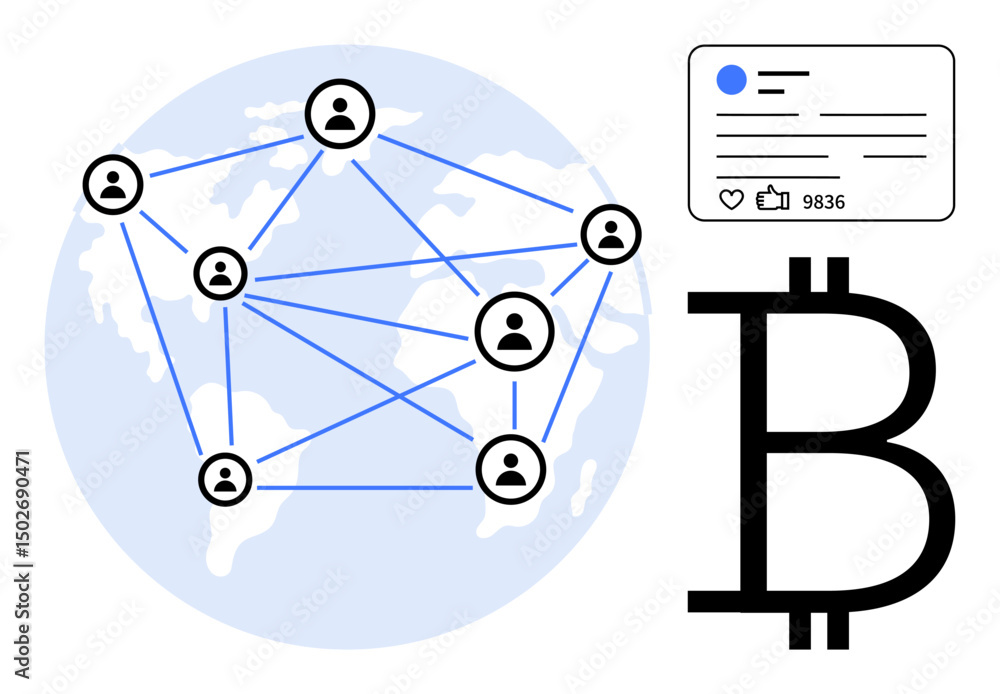 Poster connected global user nodes, blockchain currency symbol, and engagement metrics highlight digital pr