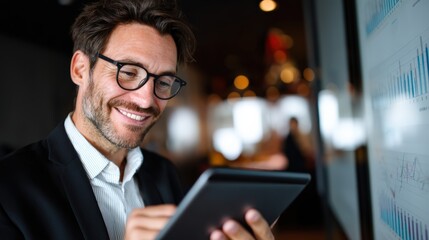 Corporate executive reviewing digital reports on his tablet with a focused yet cheerful demeanor..