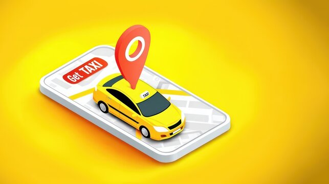 Yellow taxi and location pin icon on phone screen with text Get A TAXI, showing app based booking and online ride service in on demand ride services