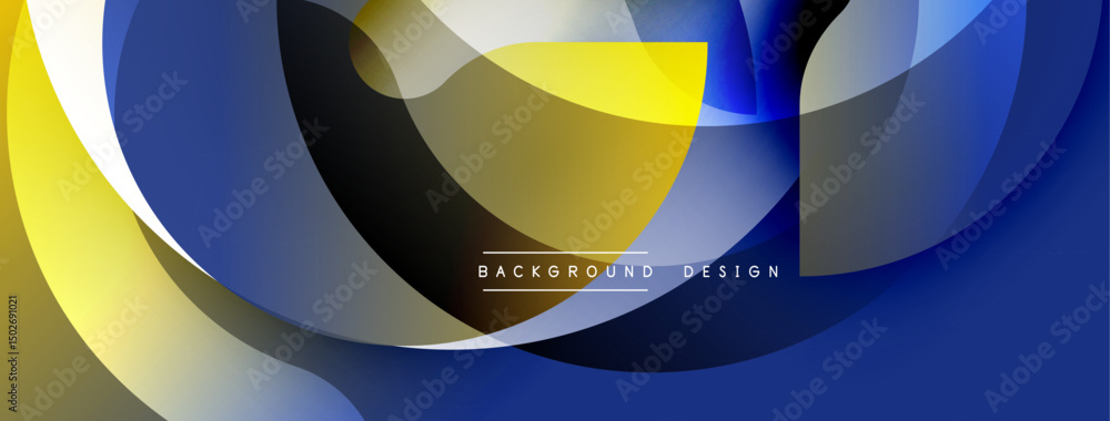 Poster abstract fluid shapes, yellow, blue, gold tones create dynamic background. modern design elements su