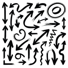Black Brush crayon arrow collection with curved and straight, spiral and zigzag, circular, wavy directional pointers. Vector hand drawn brush stroke for presentation, infographics or educational mater