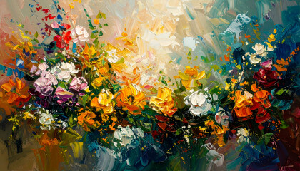 Vibrant abstract floral painting with a burst of colors and dynamic brush strokes.