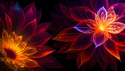 Vibrant digital flowers with intricate petals and glowing centers against a dark background.