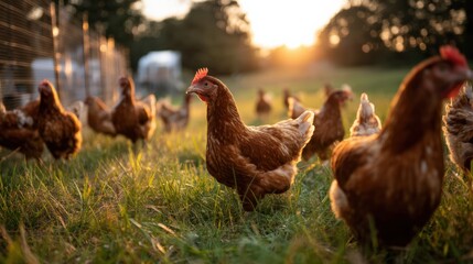 Fototapeta premium Early morning dew glistens on grass as a flock of hens begins their day on a regenerative free-range farm..