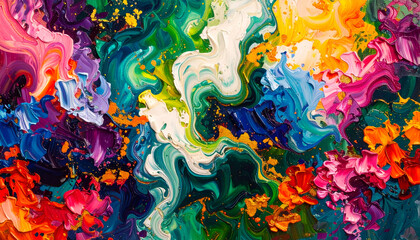 Vibrant abstract painting with swirling colors and dynamic textures.
