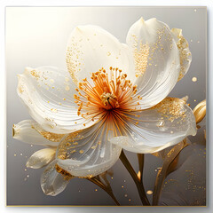 A beautifully crafted white flower with golden accents and droplets.