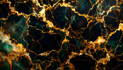A close-up of a richly textured, dark marble surface with golden veining.