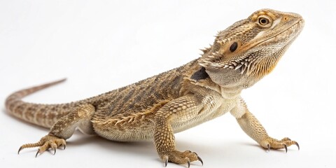 Fototapeta premium Bearded dragon lizard close up on white background showing scales and reptile features