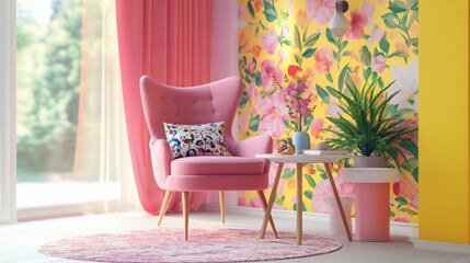 Pink Armchair in a Floral Room Interior Design
