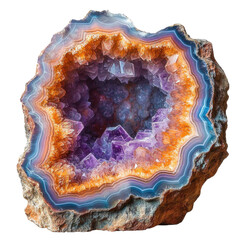 amethyst geode, purple crystals, orange and blue agate. isolated on transparent background.