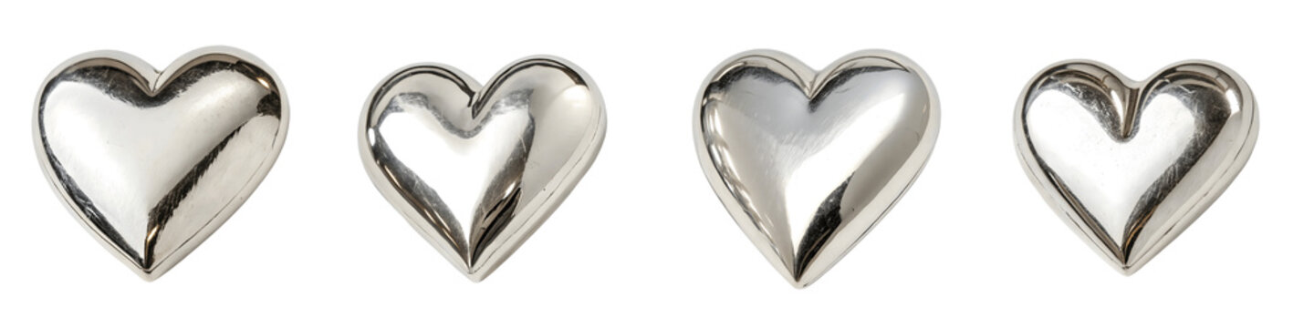 Four silver heart shapes isolated on transparent background, shiny metallic objects
