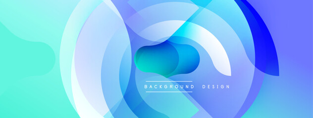 Abstract blue layers create dynamic visual effect. Gradient colors blend, forming circular shapes, modern design element.