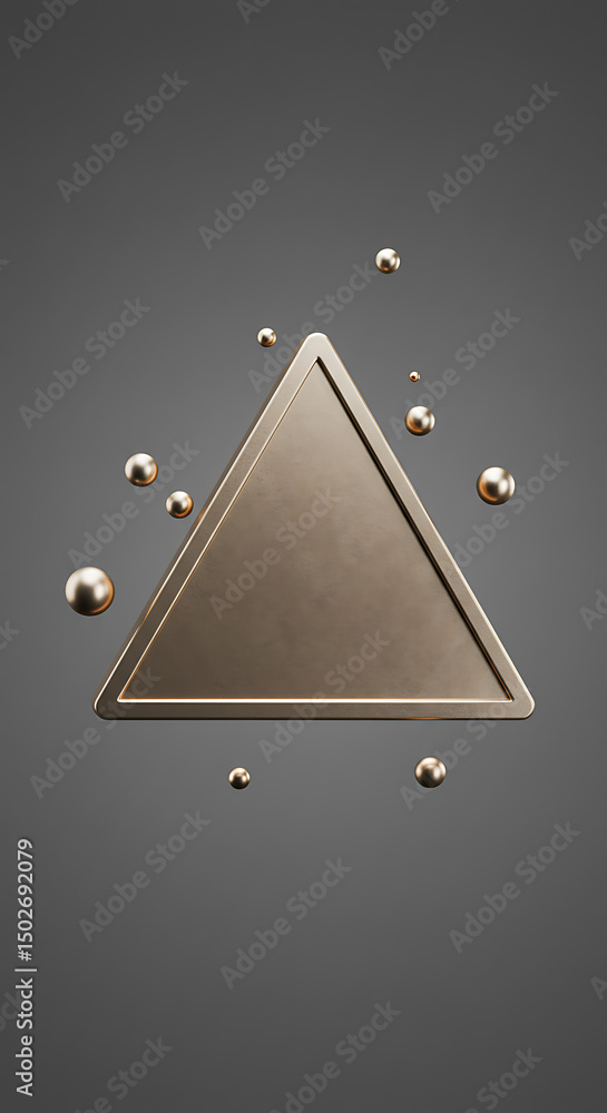 Poster abstract gold triangle shape with floating metallic spheres 3d render modern minimalist design