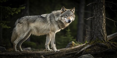 A wild gray wolf, Canis lupus, a majestic predator in its natural forest habitat