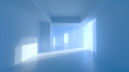 Fototapeta premium Sunlit room interior with large window casting natural light on neutral-toned walls.