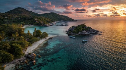 Fototapeta premium From above, the tropical elegance of coastal islands glows under a painterly sky of coral and gold..