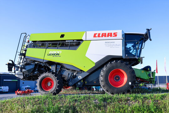 Niepruszewo, Poland - May 24, 2025: brand new Claas Lexion 6800 combine harvester.