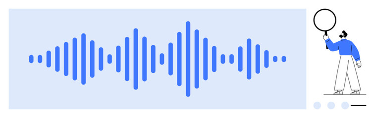Fototapeta premium Blue voice waveform with evenly spaced bars, person holding a speech bubble. Ideal for audio analysis, speech recognition, communication, podcasting, linguistics, sound design, simple landing page