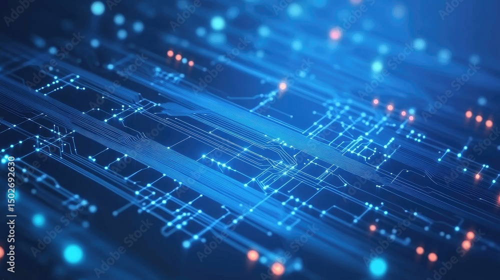 Poster abstract digital circuitry, glowing blue lines and nodes on dark background, representing high-tech 