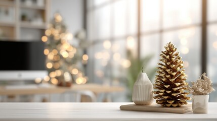 Small pine cone and minimalist vase on wooden table with soft natural light, simple home decor scene.