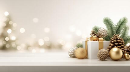 White table with a wrapped gift box and natural pine cones, bright daylight, minimalistic holiday decor.