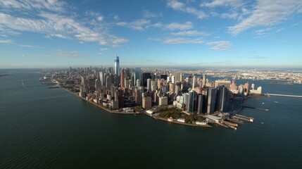 Fototapeta premium Helicopter view of Lower Manhattan and the Statue of Liberty standing proud in the harbor..