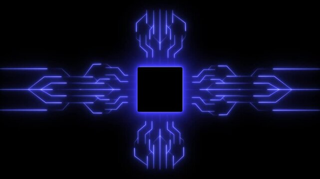 Advanced Futuristic CPU chip set and electric circuit with data transfer moving on dark background Neon glowing futuristic cyberspace technology background template.